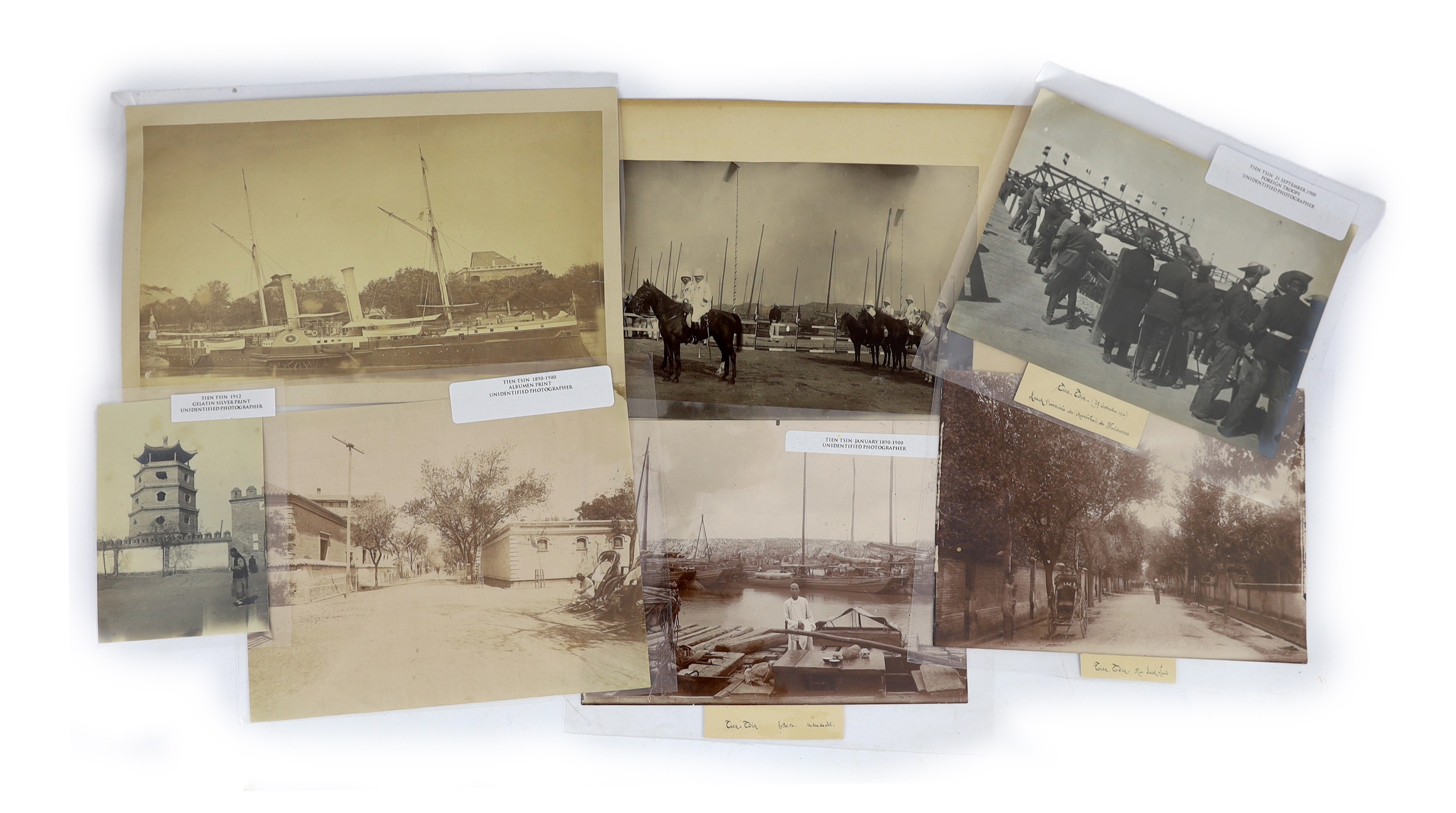 China, Nine albumen photographic views of Tianjin (Tientsin), c.1900, largest image 16.5 x 29cm